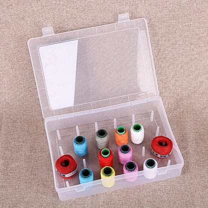 Transparent plastic sewing storage box with 42 labelled compartments for needles and threads
