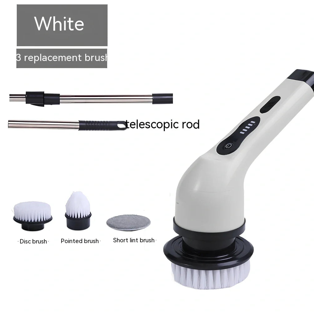 Handheld electric cleaning brush with rotating heads in white or green colours