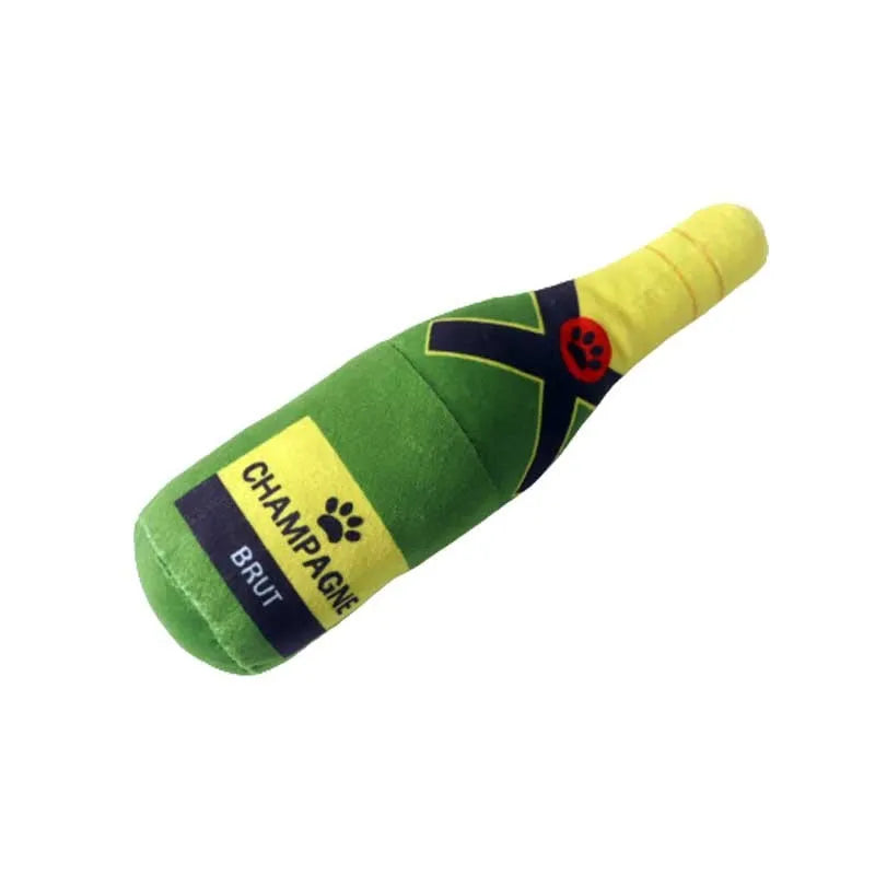 Plush wine bottle pet toy for dogs and cats in six colour variations