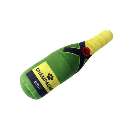 Plush wine bottle pet toy for dogs and cats in six colour variations