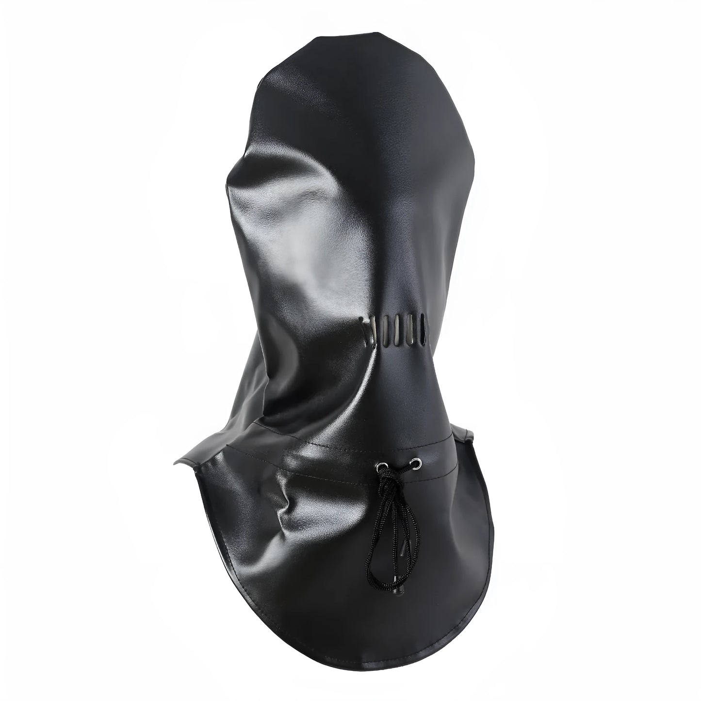 Black leather BDSM mask with lace front panel and adjustable head harness straps
