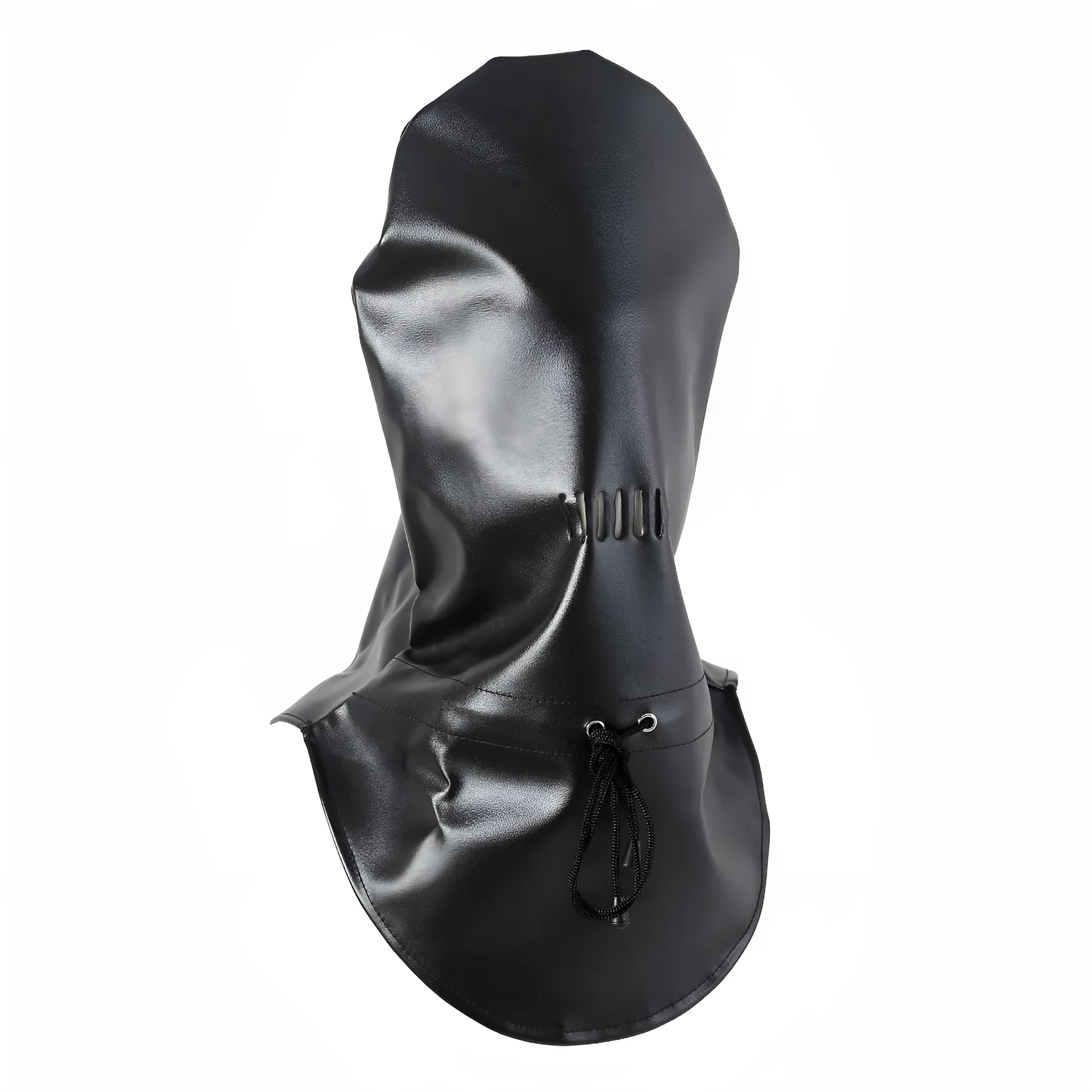 Black leather BDSM mask with lace front panel and adjustable head harness straps