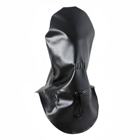 Black leather BDSM mask with lace front panel and adjustable head harness straps