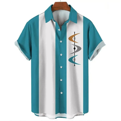 Man wearing a striped short-sleeve Hawaiian shirt with a button-up front in a casual setting.