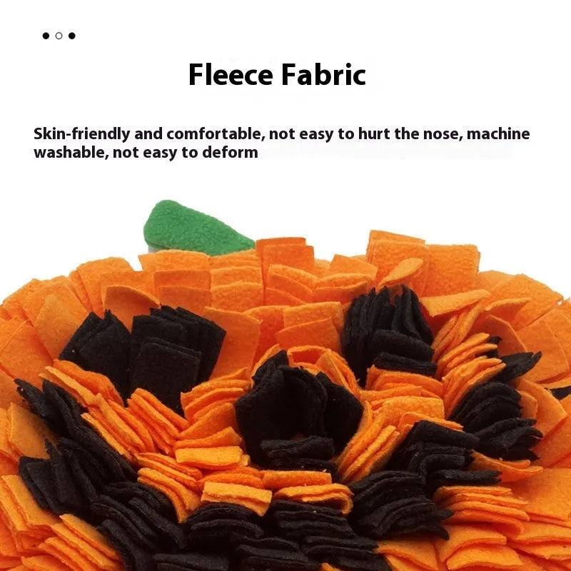 Pet slow feeder mat with pumpkin design for dogs and cats, woollen fleece pad measuring 25cm by 34cm with 3cm thickness, used as a scent training mat, lick mat, and anti-choke slow feeding tool, available in orange, black, or green fleece cloth material