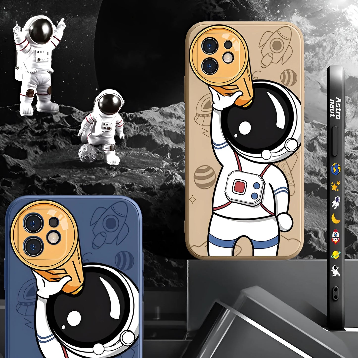 Cartoon astronaut design silicone phone case for iPhone on a black, khaki, or sea blue background.
