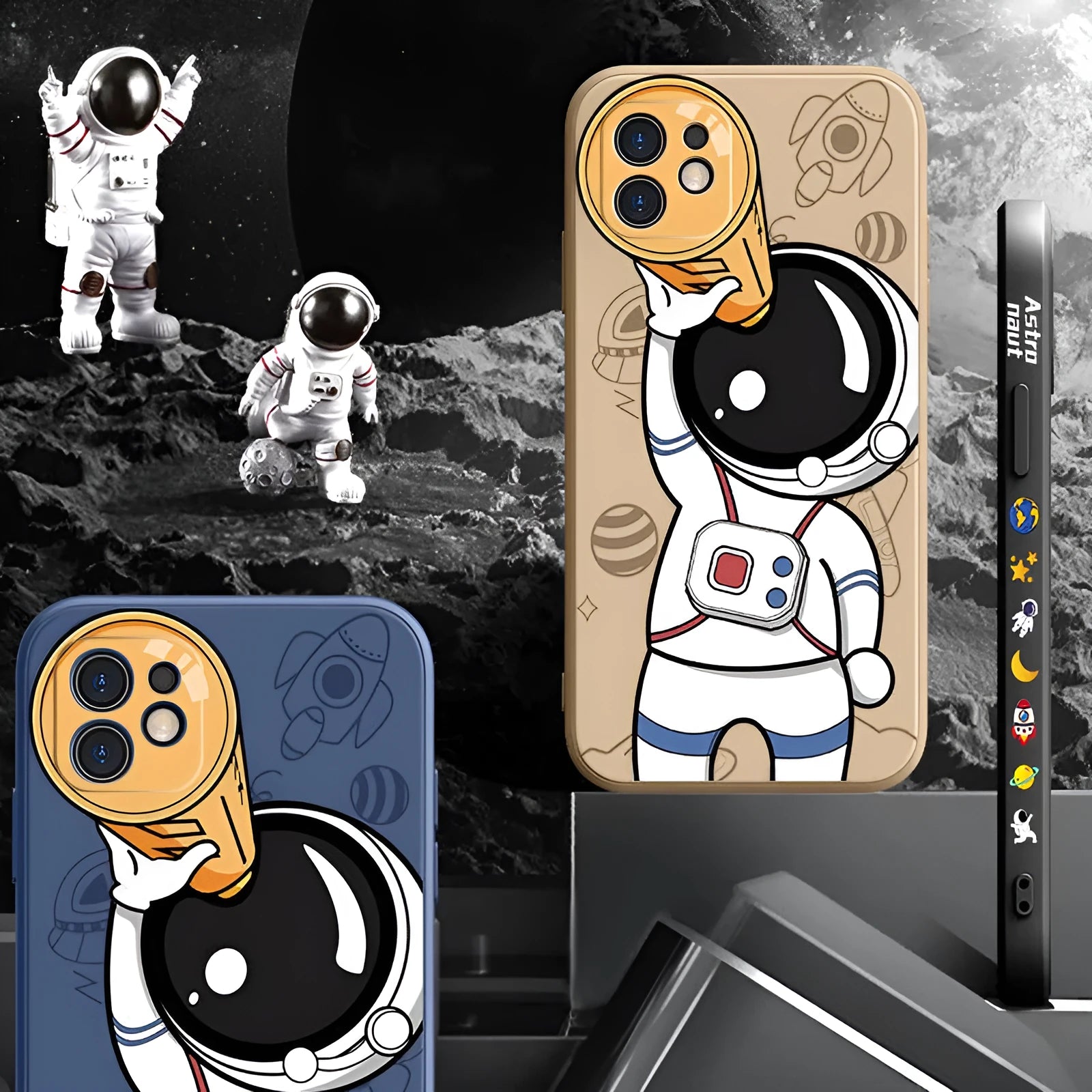 Cartoon astronaut design silicone phone case for iPhone on a black, khaki, or sea blue background.