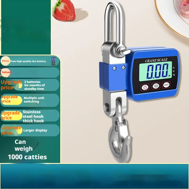 Blue electronic digital hook scale displaying weight, with hook for weighing items.