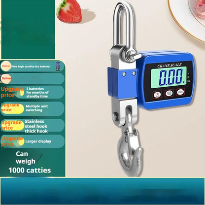 Blue electronic digital hook scale displaying weight, with hook for weighing items.