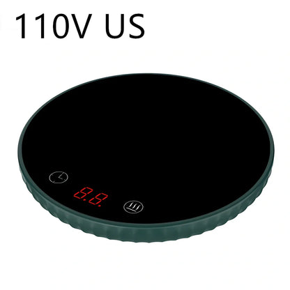 Black electric cup warmer with digital display showing temperature, 115mm diameter, 20mm thickness