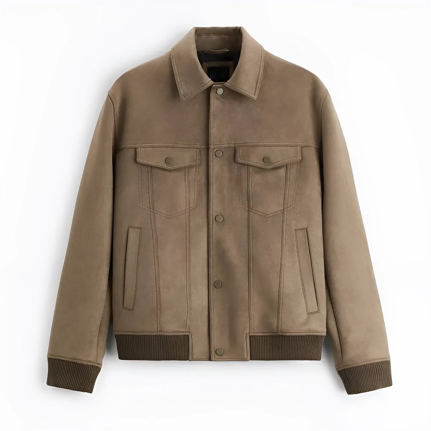 Men's suede velvet commuter jacket in British style with long sleeves, shown in mink colour.