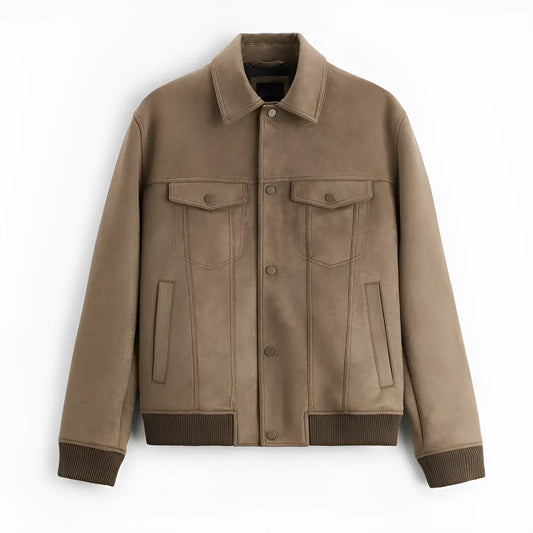 Men's suede velvet commuter jacket in British style with long sleeves, shown in mink colour.