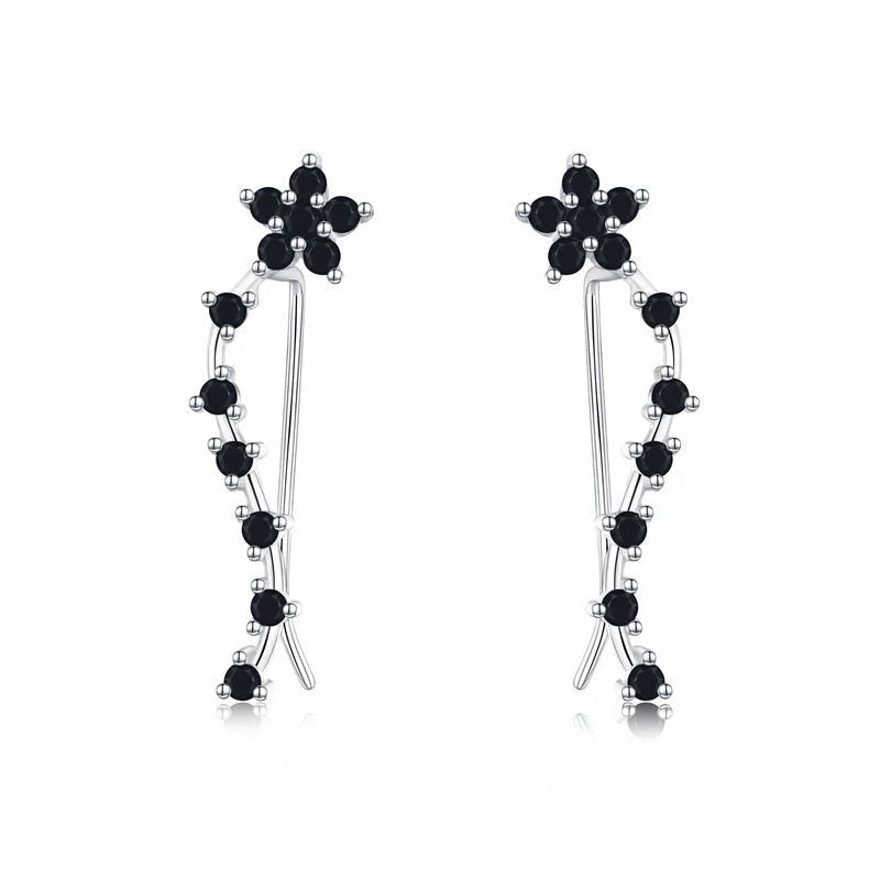 Women's long fringed zircon earrings in black with flower details and secure backing