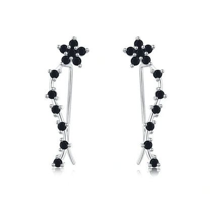 Women's long fringed zircon earrings in black with flower details and secure backing