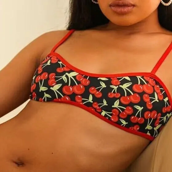 Women's cherry print floral bikini swimsuit with a tube top and brief style bottom.