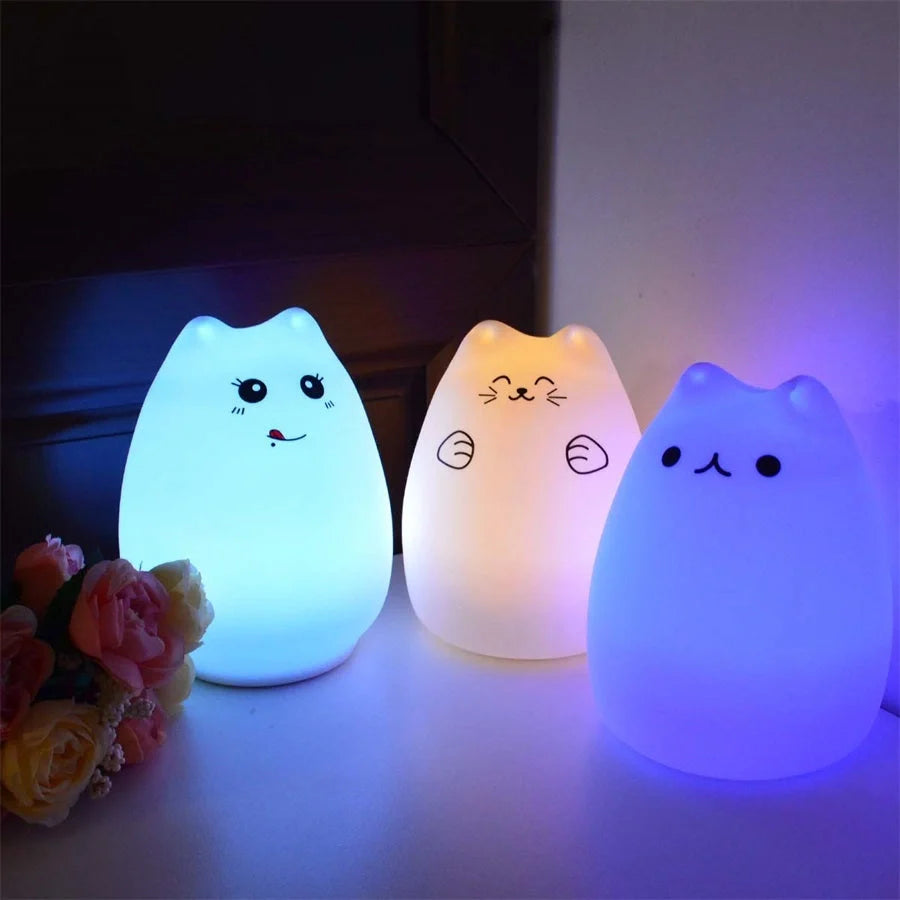 Adorable cat design LED night light for children with color-changing feature