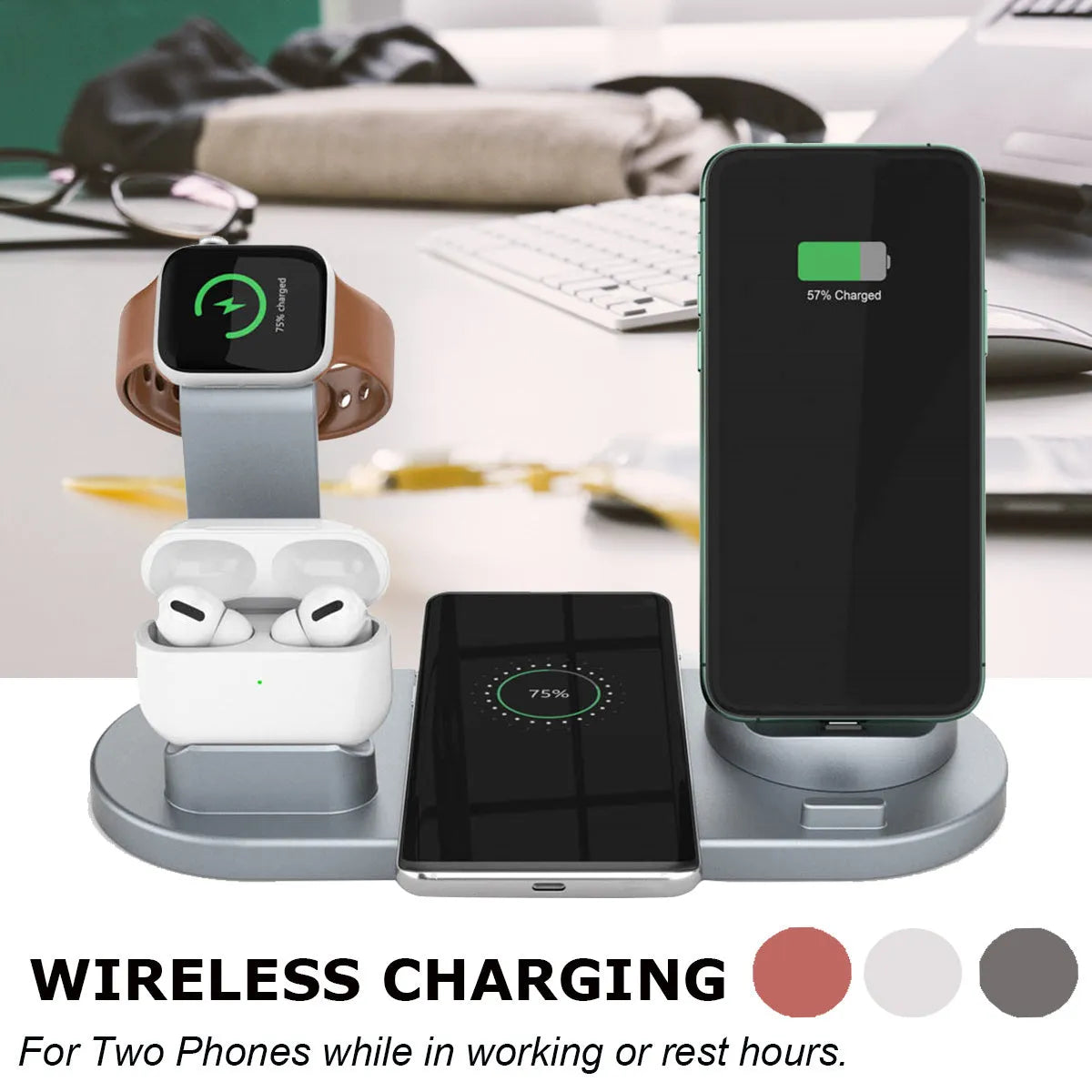 Three-in-one wireless charging stand in silver for iPhone, Apple Watch and AirPods with adjustable angle and USB power