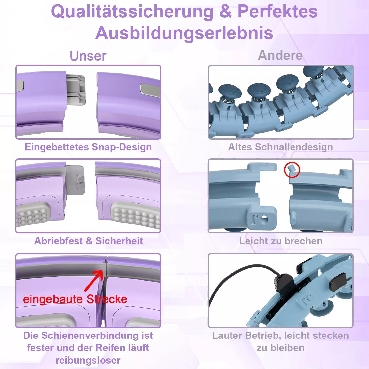 Adjustable detachable massage hula hoop in purple, pink, and blue for fitness and relaxation