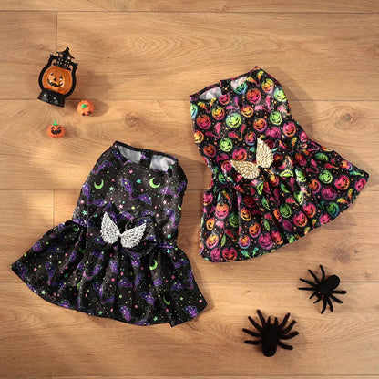Angel wings Halloween dog costume in bright pumpkin or bat design, lightweight polyester fabric, sizes S to XL