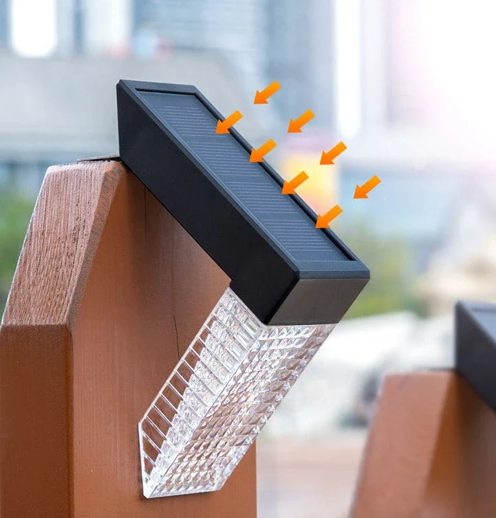 Solar-powered outdoor stair lights with warm and color-changing illumination, suitable for decks, fences, and yards