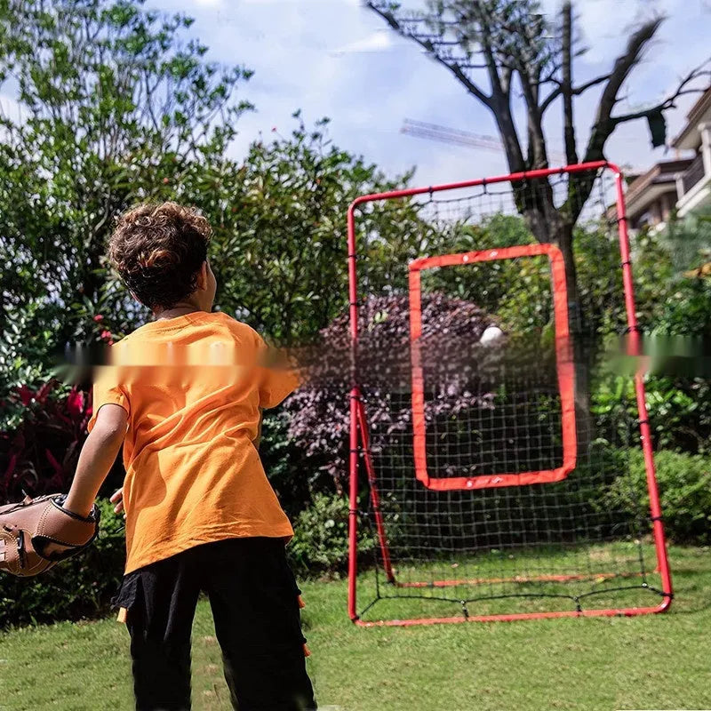 Red adjustable portable baseball training net with metal frame measuring 4x6 feet for ball sports practice