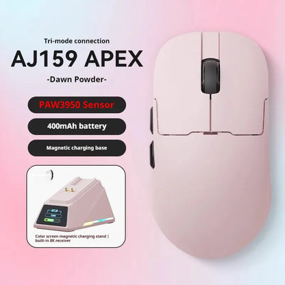 AJ159 gaming mouse in various colours showing its compact shape and Teflon foot pads.