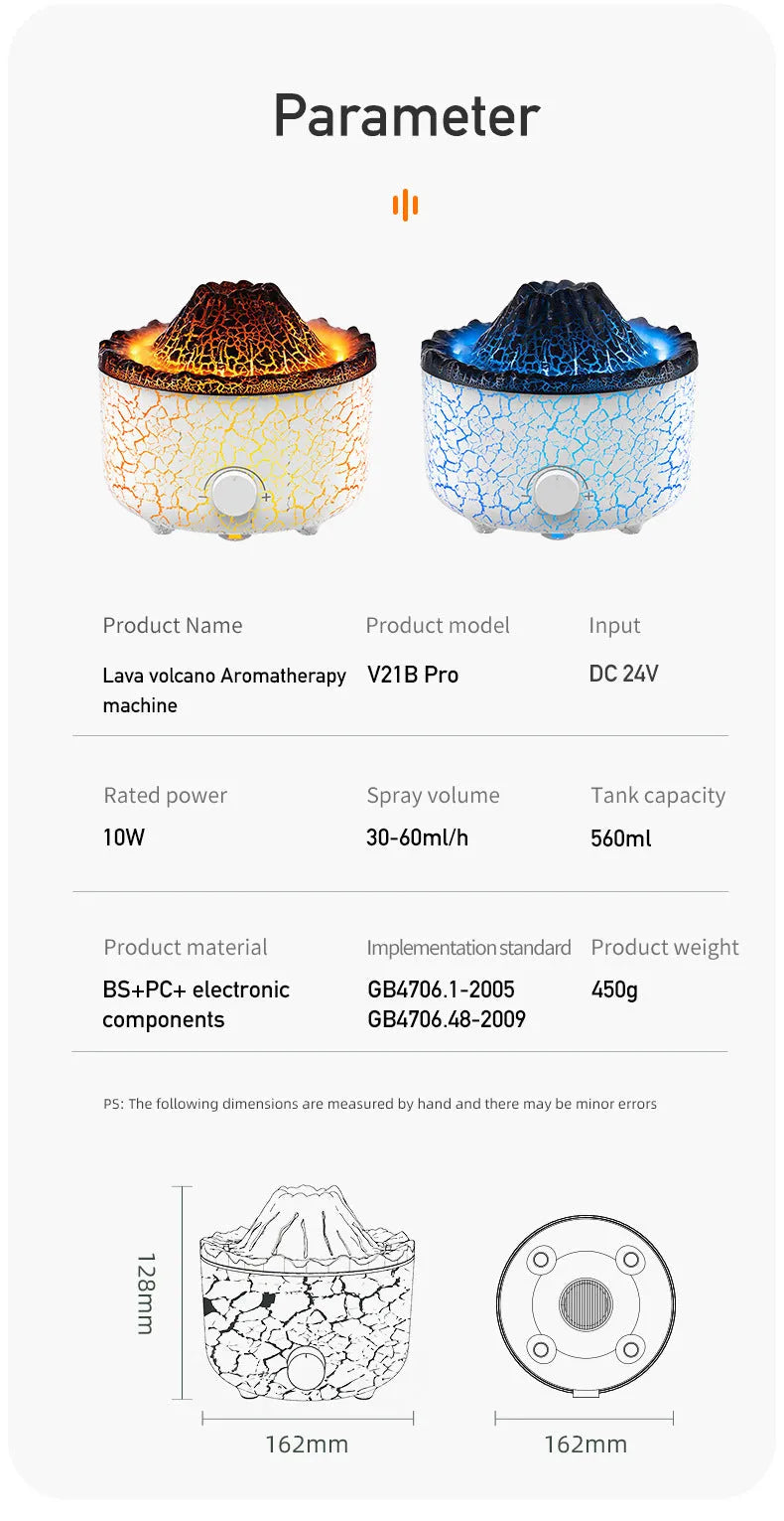 Volcanic humidifier with LED flame effect and mist spray on tabletop