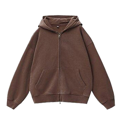 Women's fleece-lined distressed hooded cardigan sweater in loose fit with patch pockets