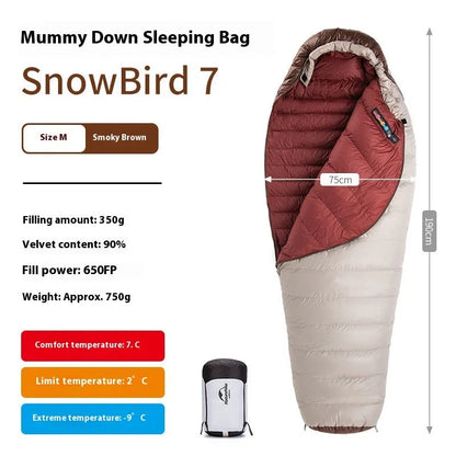 Mummy-style goose down sleeping bag with storage bag, available in 12 specifications from 350g to 1090g fill weight
