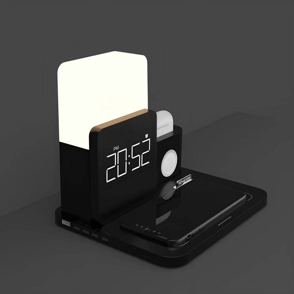 Black 3-in-1 wireless charging station with iPhone on charging pad, Apple Watch in slot, AirPods Pro charging