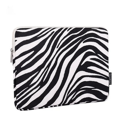 Black and white zebra pattern polyester protective sleeve for a digital notebook, available in 11 to 17 inch sizes