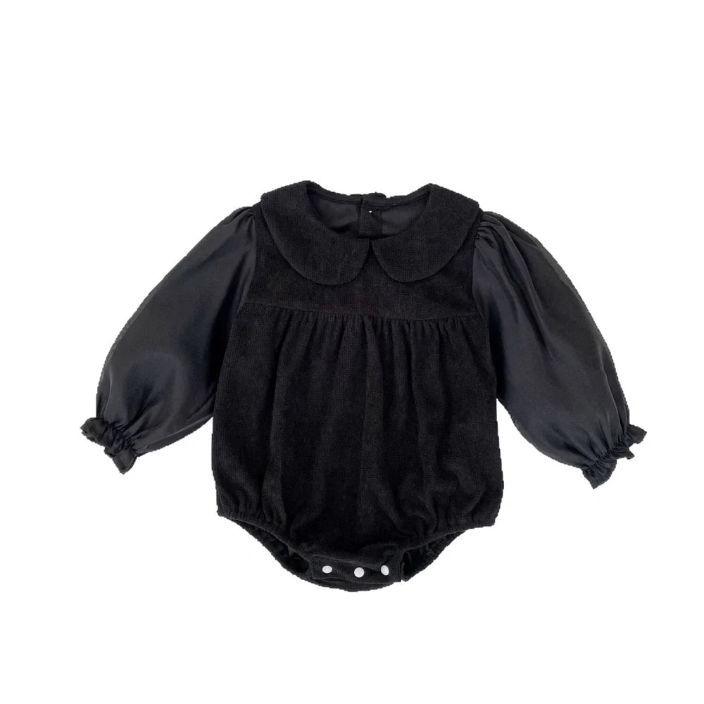 Corduroy doll collar long sleeve baby romper in black or apricot with single-breasted closure