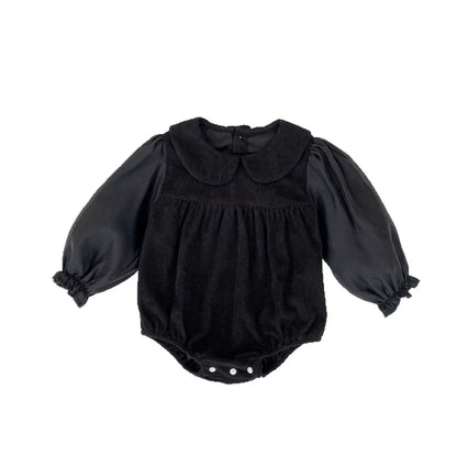 Corduroy doll collar long sleeve baby romper in black or apricot with single-breasted closure
