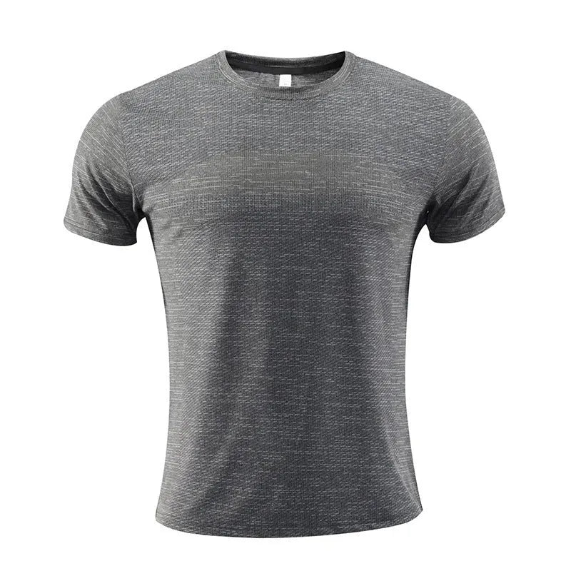Close-up of a red polyester-spandex sports t-shirt on a hanger, showing the short sleeve and fabric texture.