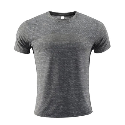 Short-sleeve red sports T-shirt made from breathable polyester-spandex fabric for running and workouts.