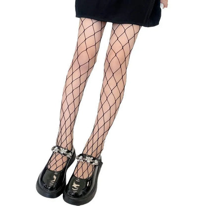 Women's black and white mesh stockings showing large, medium, and small hole patterns.