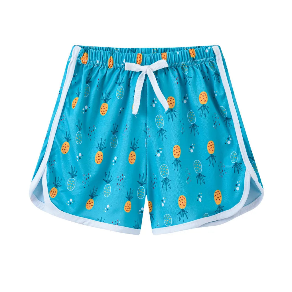 Children's polyester beach shorts in multiple colours and patterns, including leopard print and stripes, shown on size chart.