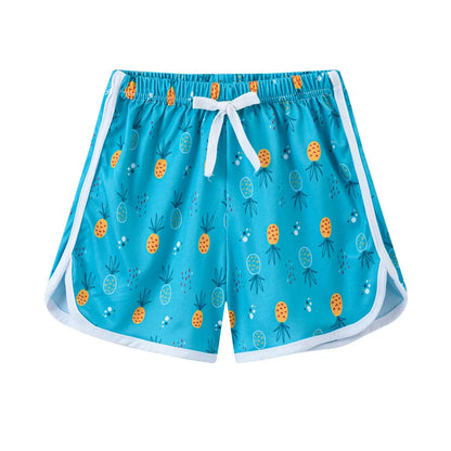 Children's polyester beach shorts in multiple colours and patterns, including leopard print and stripes, shown on size chart.