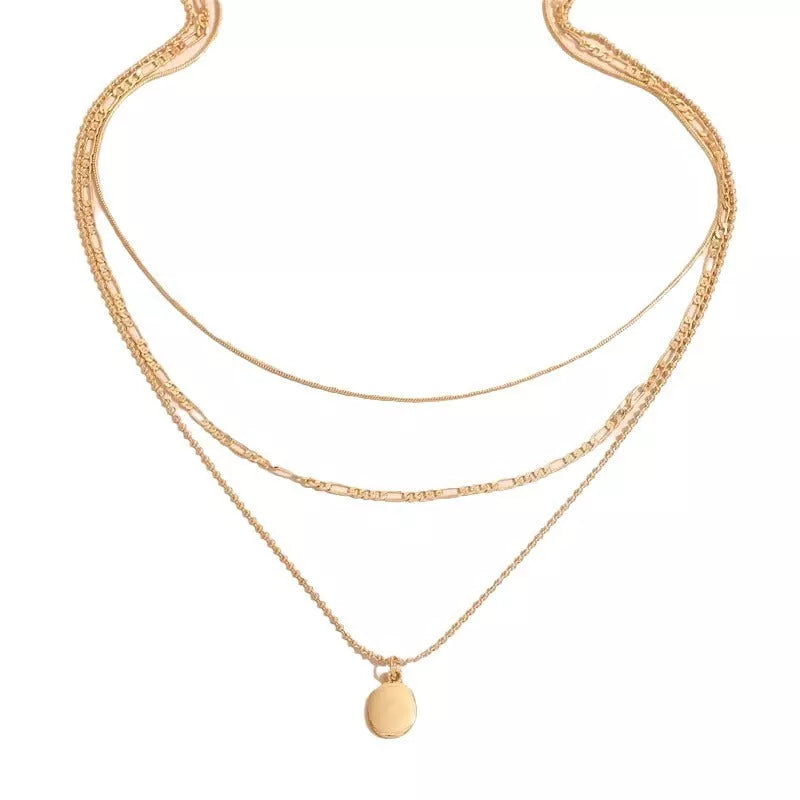 Vintage geometric metal oval pendant necklace in gold or silver