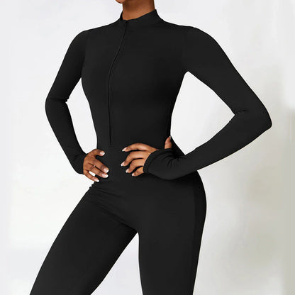 Cozy zippered jumpsuit in various colors, designed for yoga, fitness, and sports activities
