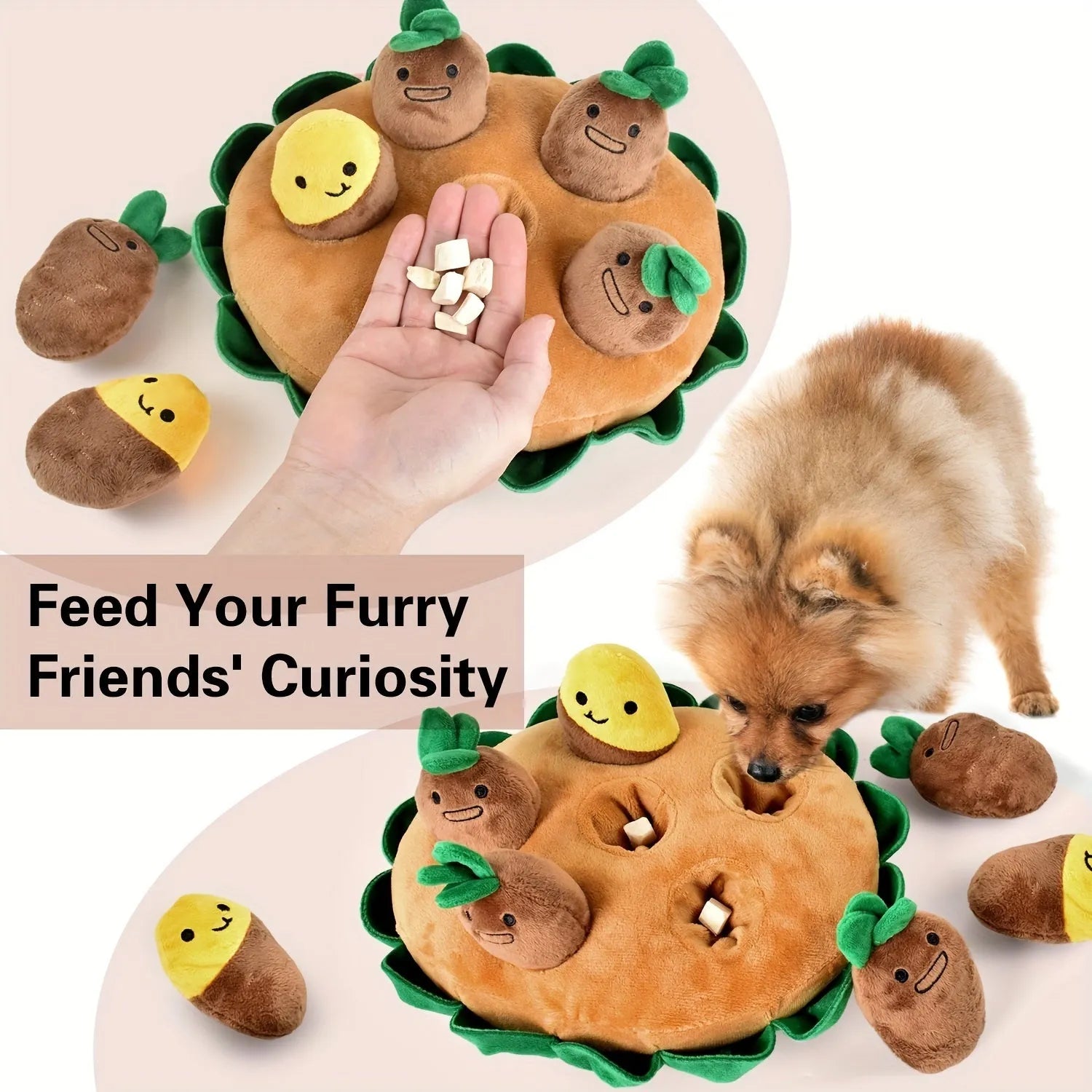 Interactive dog puzzle toy with removable squeaky plush toys on yellow polyester foraging pad