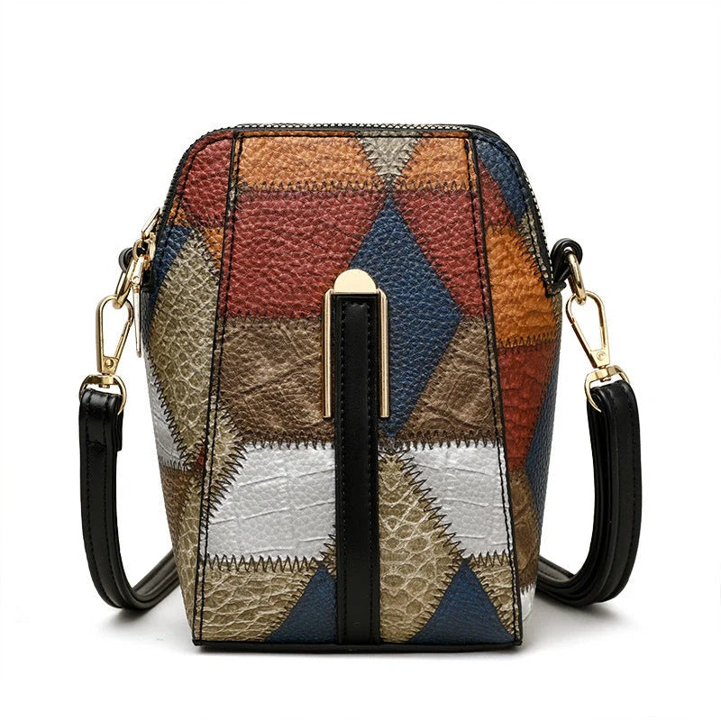 Premium PU leather shoulder bag with trendy stitching details, available in irregular blue with brown or black color options