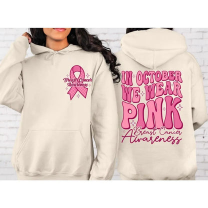 Breast Cancer Awareness pullover hoodie with retro art pattern and side seam pockets in khaki colour.
