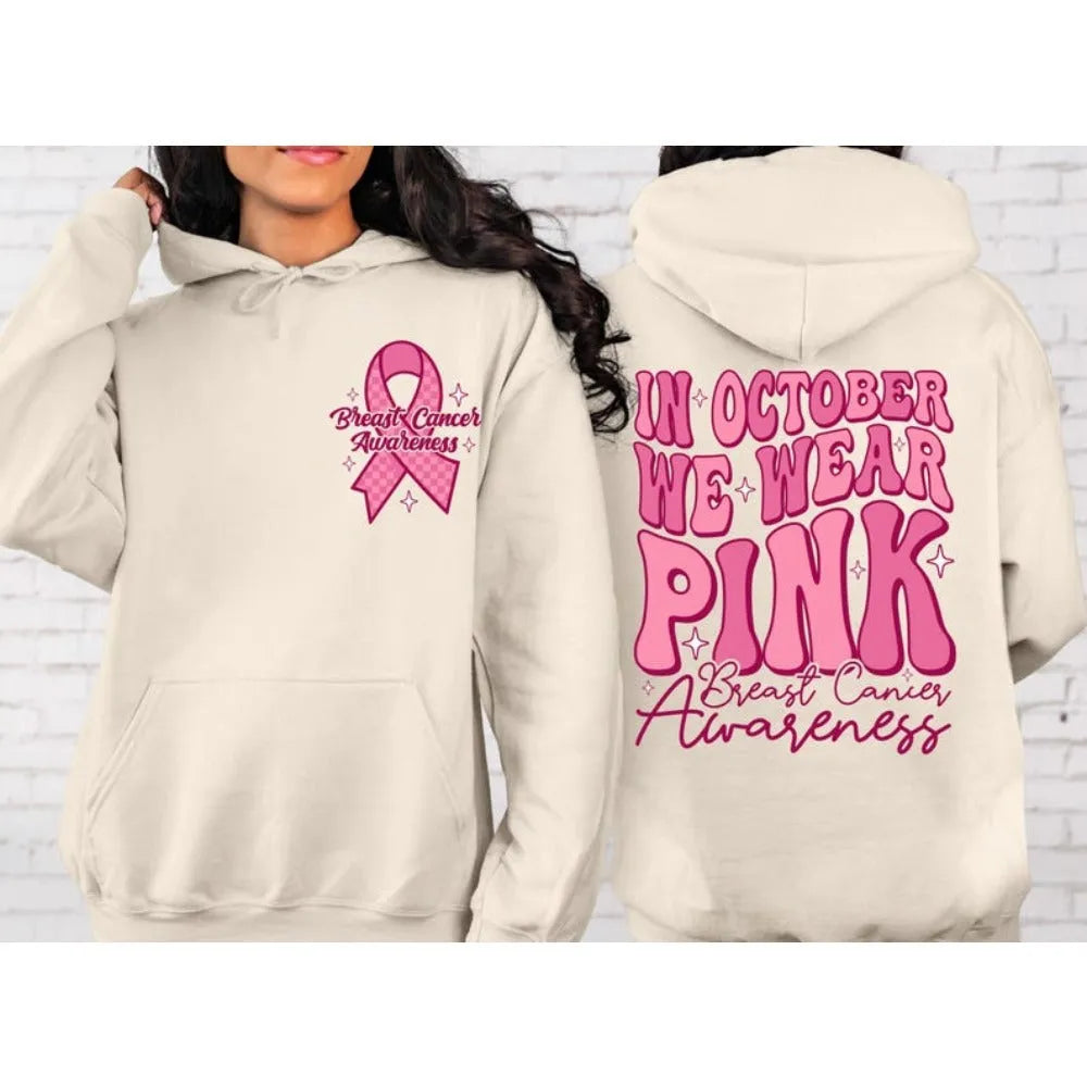 Breast cancer awareness hoodie with art retro graphic print and side seam pocket in pink colour
