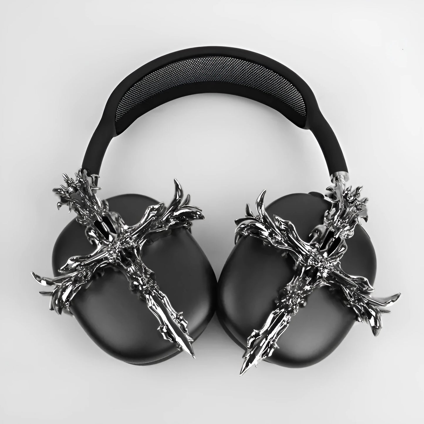 Gothic cross design hard resin case for Apple AirPods Max headphones in silver colour