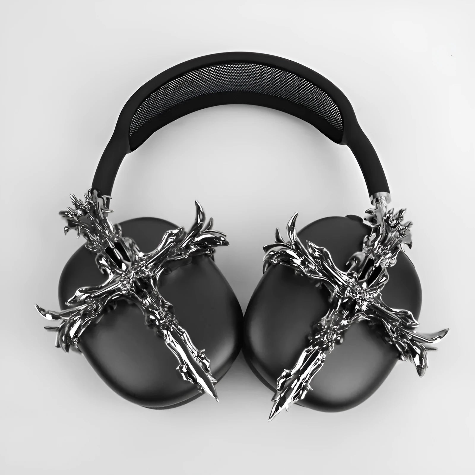Gothic cross design hard resin case for Apple AirPods Max headphones in silver colour