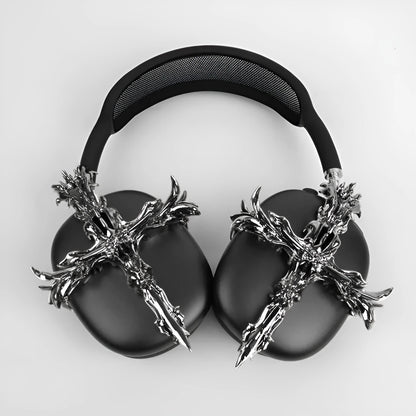 Gothic cross design hard resin case for Apple AirPods Max headphones in silver colour