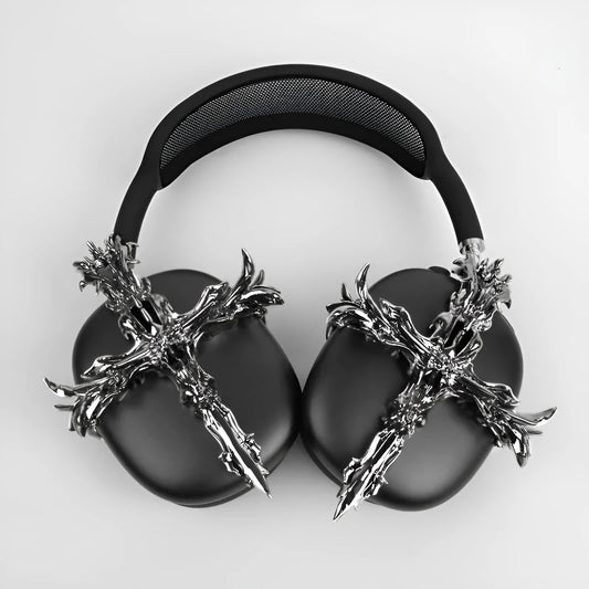 Gothic cross design hard resin case for Apple AirPods Max headphones in silver colour