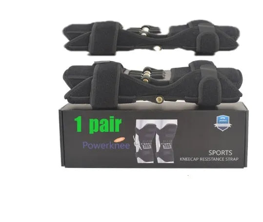 Adjustable spring knee brace for sports support in black, shown with straps.
