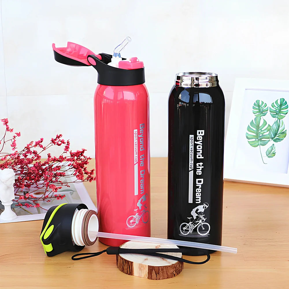 500ml stainless steel sport thermos water bottle in pink, black, green, and silver colours showing straight-cut design